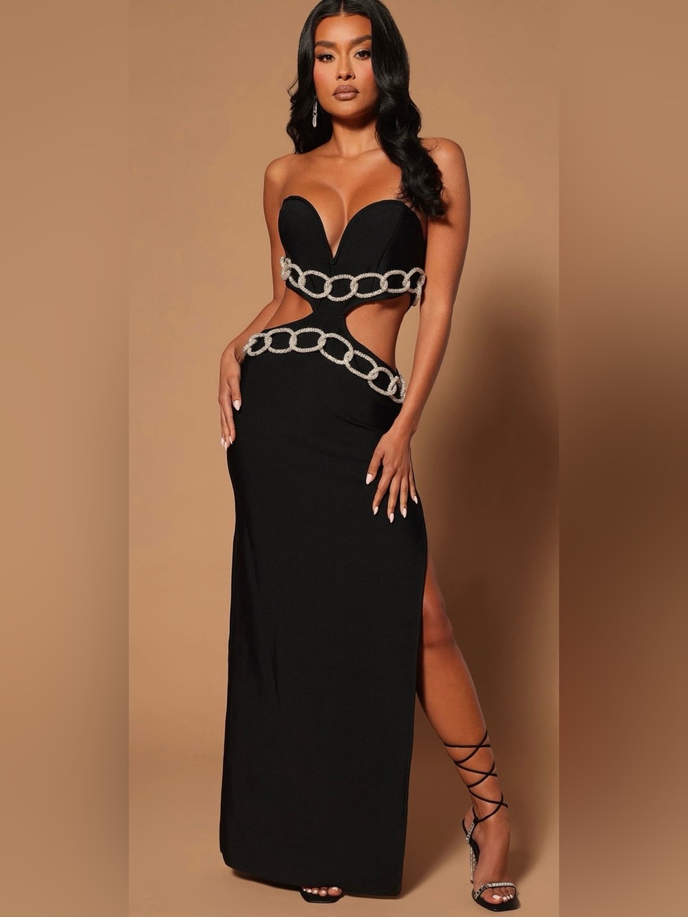 Fashion Nova Black Strapless Cutout Gown with Rhinestone Chain Detail